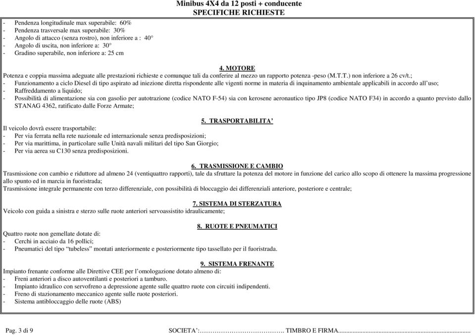 MOTORE Potenza e coppia massima adeguate alle prestazioni richieste e comunque tali da conferire al mezzo un rapporto potenza -peso (M.T.T.) non inferiore a 26 cv/t.