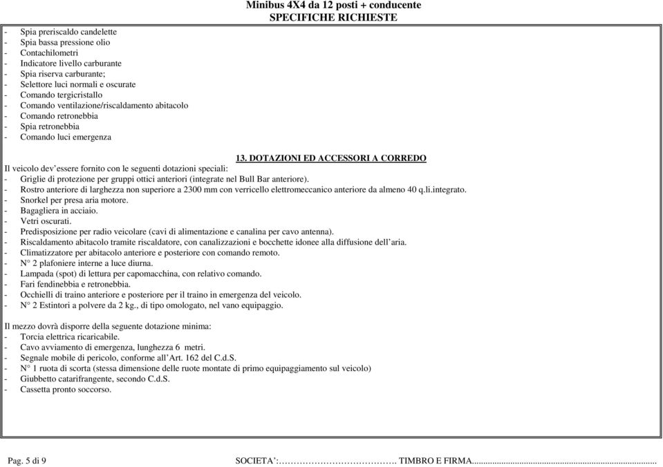 DOTAZIONI ED ACCESSORI A CORREDO Il veicolo dev essere fornito con le seguenti dotazioni speciali: - Griglie di protezione per gruppi ottici anteriori (integrate nel Bull Bar anteriore).