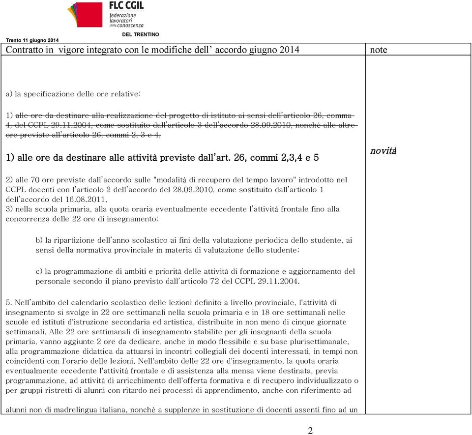 26, commi 2,3,4 e 5 novità 2) alle 70 ore previste dall accordo sulle "modalità di recupero del tempo lavoro" introdotto nel CCPL docenti con l articolo 2 dell accordo del 28.09.