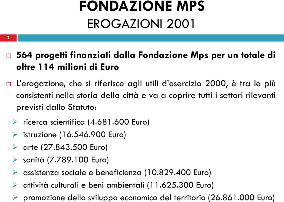 ricerca scientifica (4.681.600 Euro) istruzione (16.546.900 Euro) arte (27.843.500 Euro) sanità (7.789.