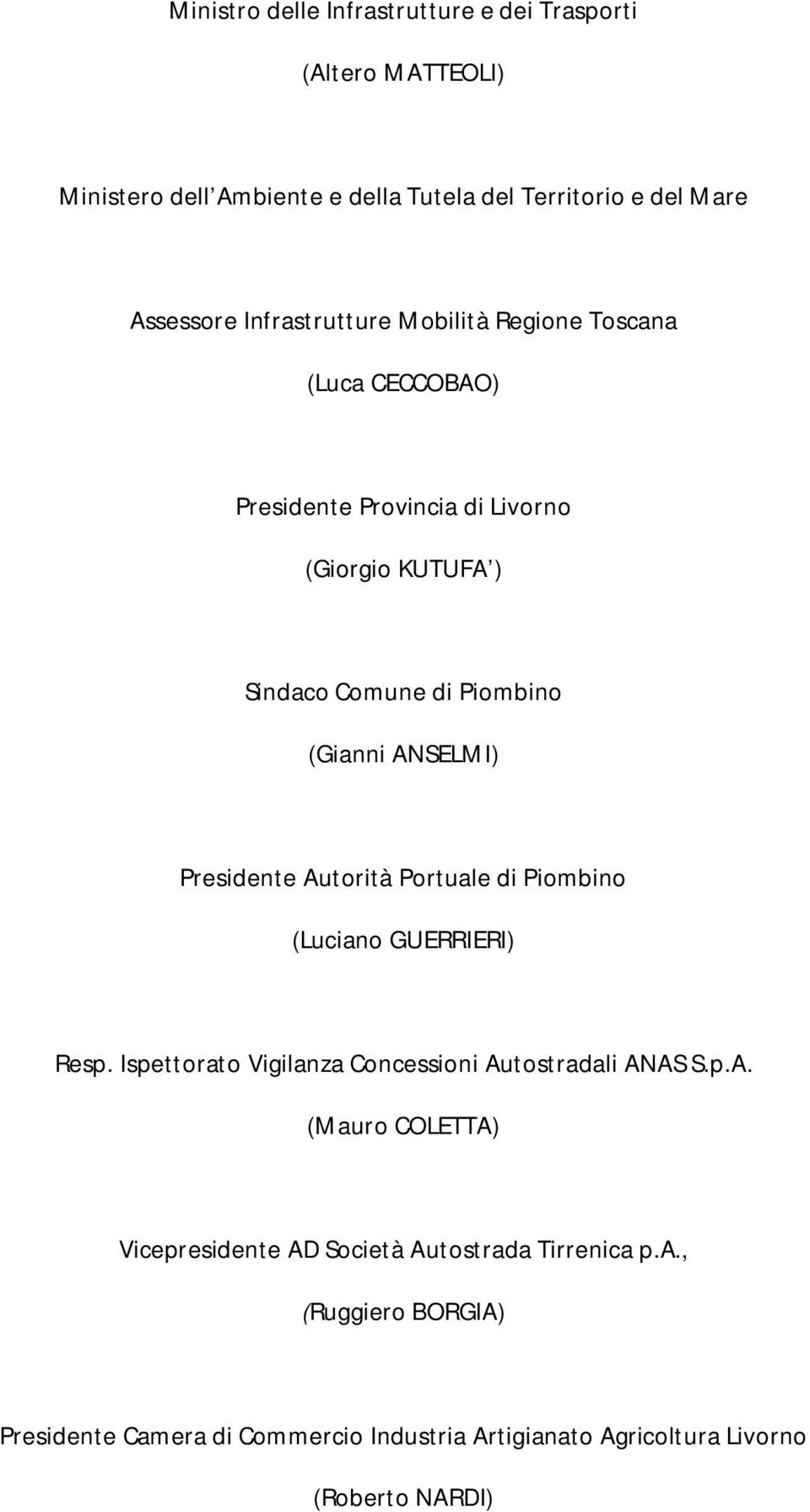 ANSELMI) Presidente Autorità Portuale di Piombino (Luciano GUERRIERI) Resp. Ispettorato Vigilanza Concessioni Autostradali ANAS S.p.A. (Mauro COLETTA) Vicepresidente AD Società Autostrada Tirrenica p.