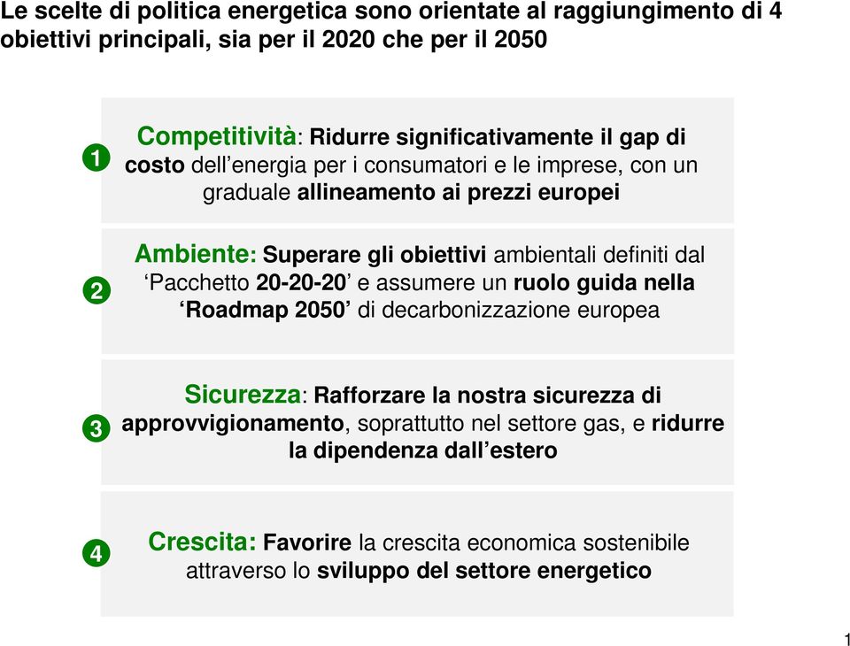 ambientali definiti dal Pacchetto 20-20-20 e assumere un ruolo guida nella Roadmap 2050 di decarbonizzazione europea 3 Sicurezza: Rafforzare la nostra sicurezza di