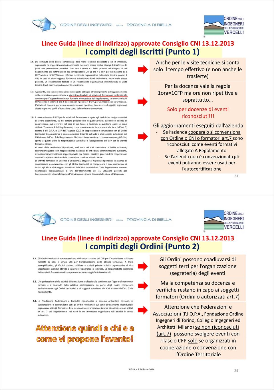 soprattutto Solo per docenze di eventi riconosciuti!!! Gli aggiornamenti eseguiti dall azienda Se l azienda coopera o si convenziona con Ordine o CNI o formatori art.