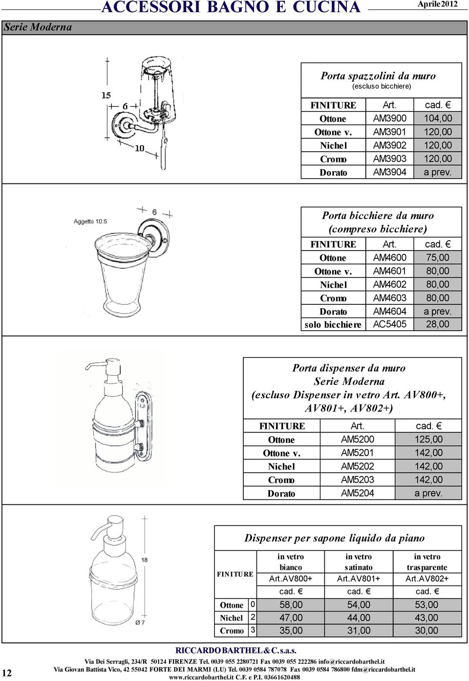 solo bicchiere AC5405 28,00 Porta dispenser da muro Serie Moderna (escluso Dispenser in vetro Art. AV800+, AV801+, AV802+) Ottone AM5200 125,00 Ottone v.