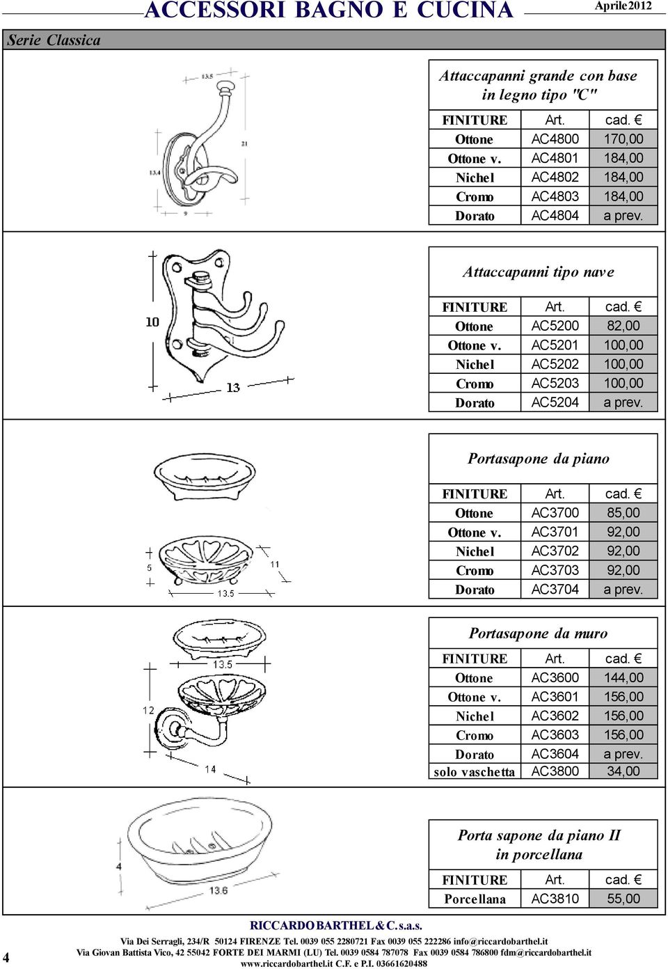 AC5201 100,00 Nichel AC5202 100,00 Cromo AC5203 100,00 Dorato AC5204 a prev. Portasapone da piano Ottone AC3700 85,00 Ottone v.