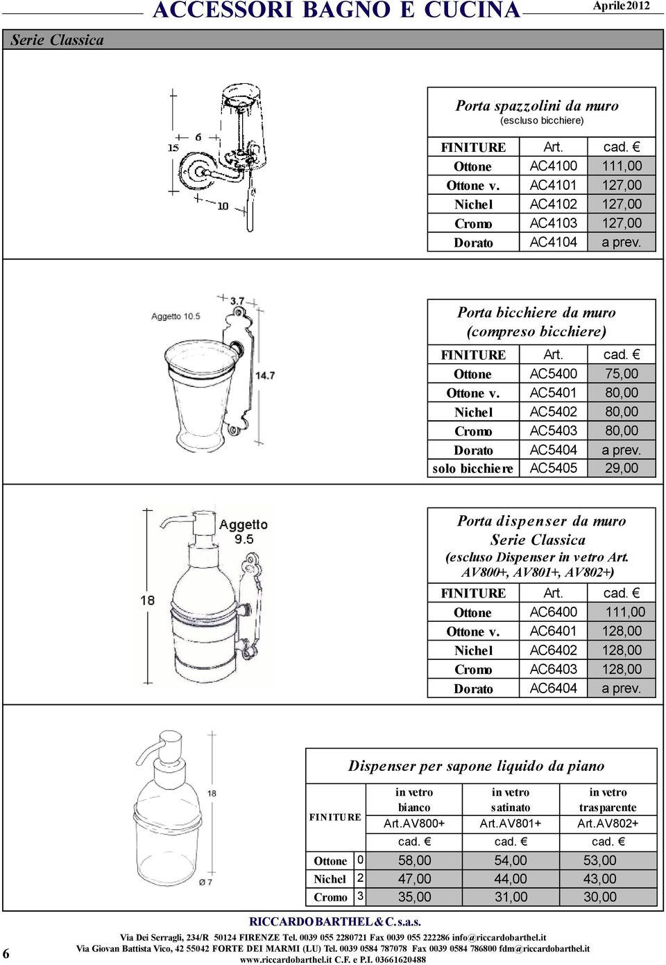solo bicchiere AC5405 29,00 Porta dispenser da muro Serie Classica (escluso Dispenser in vetro Art. AV800+, AV801+, AV802+) Ottone AC6400 111,00 Ottone v.