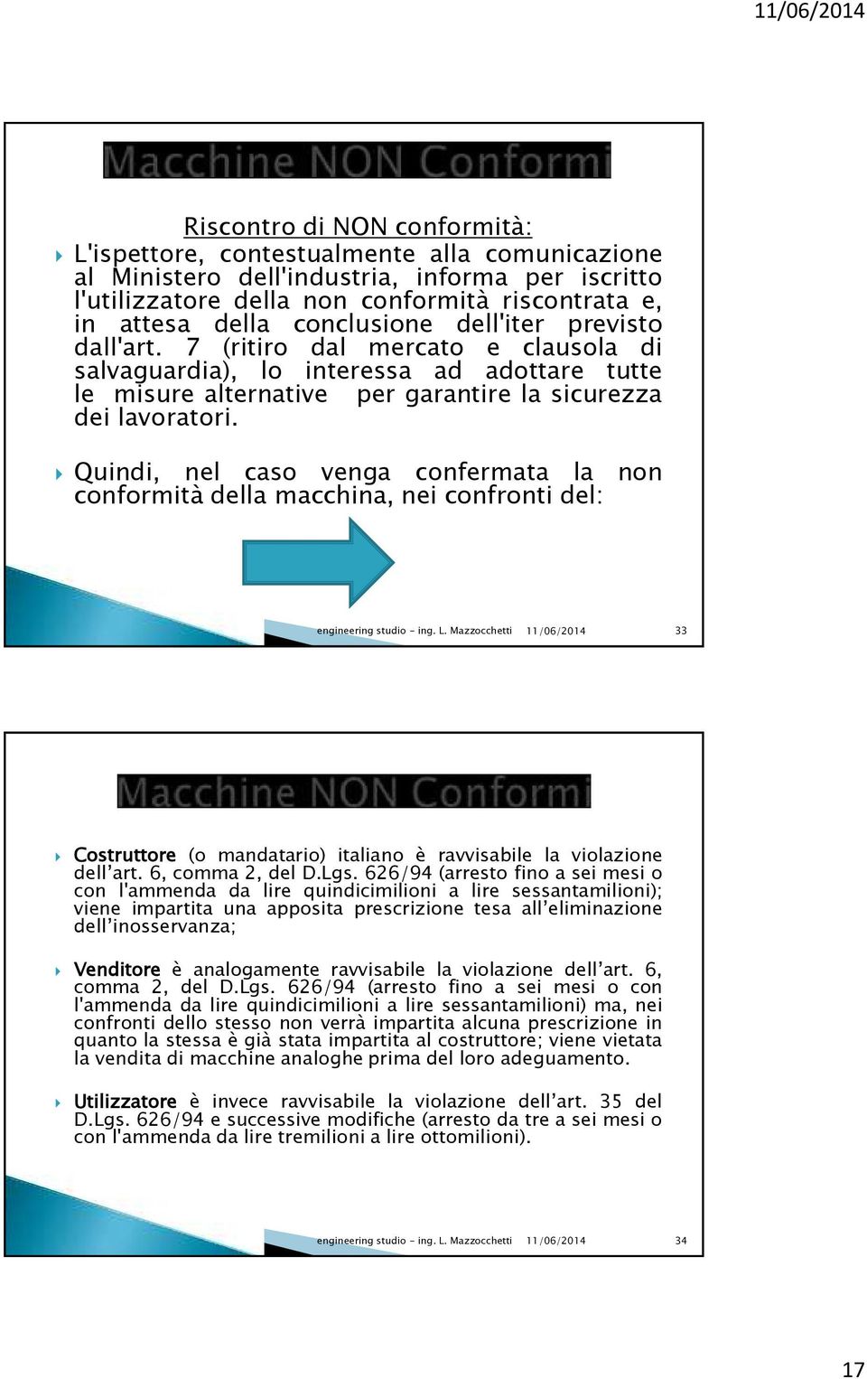 Quindi, nel caso venga confermata la non conformità della macchina, nei confronti del: 33 Costruttore (o mandatario) italiano è ravvisabile la violazione dell art. 6, comma 2, del D.Lgs.