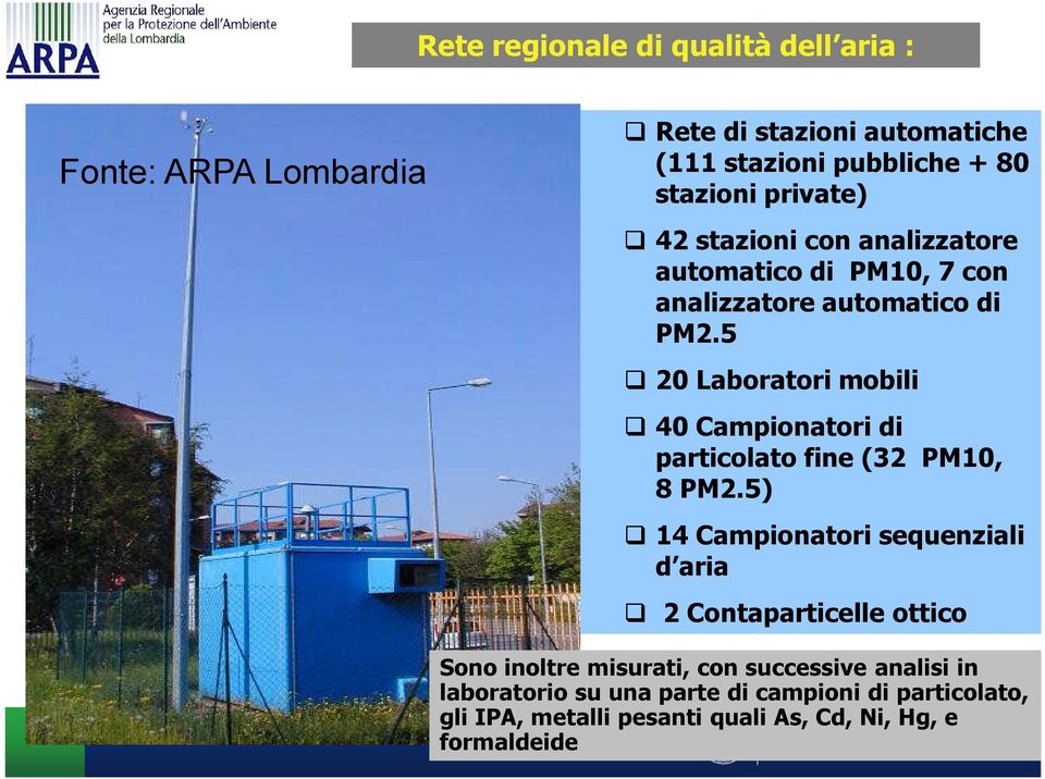 5 20 Laboratori mobili 40 Campionatori di particolato fine (32 PM10, 8 PM2.