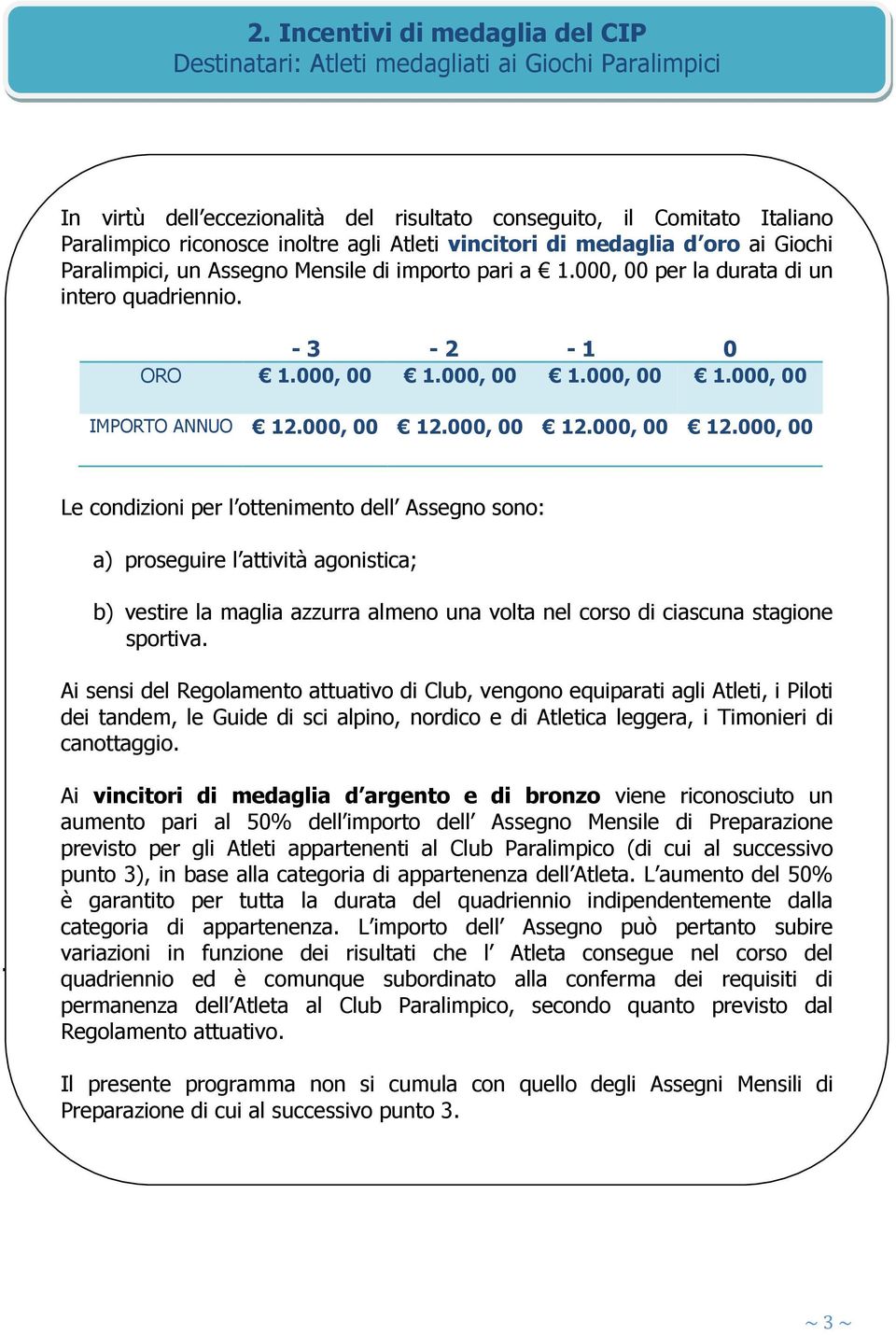 000, 00 12.000, 00 12.000, 00 12.000, 00 Le condizioni per l ottenimento dell Assegno sono: a) proseguire l attività agonistica; b) vestire la maglia azzurra almeno una volta nel corso di ciascuna stagione sportiva.