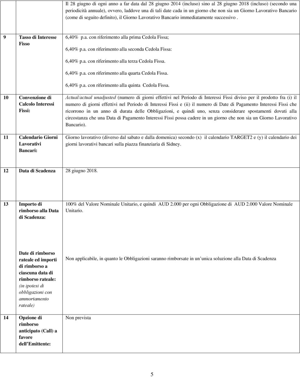 a. con riferimento alla seconda Cedola Fissa: 6,40% p.a. con riferimento alla terza Cedola Fissa. 6,40% p.a. con riferimento alla quarta Cedola Fissa. 6,40% p.a. con riferimento alla quinta Cedola Fissa.