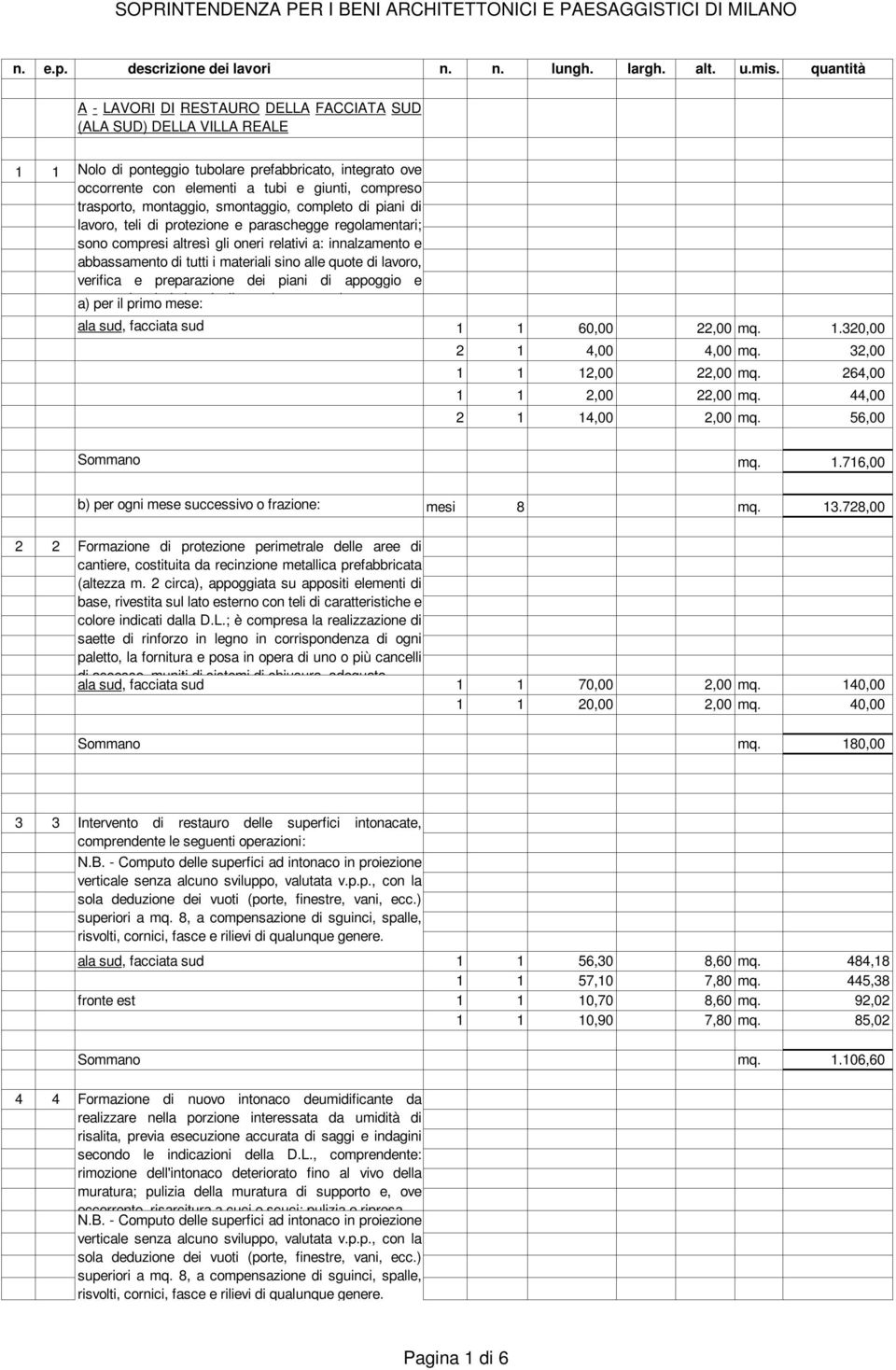 montaggio, smontaggio, completo di piani di lavoro, teli di protezione e paraschegge regolamentari; sono compresi altresì gli oneri relativi a: innalzamento e abbassamento di tutti i materiali sino