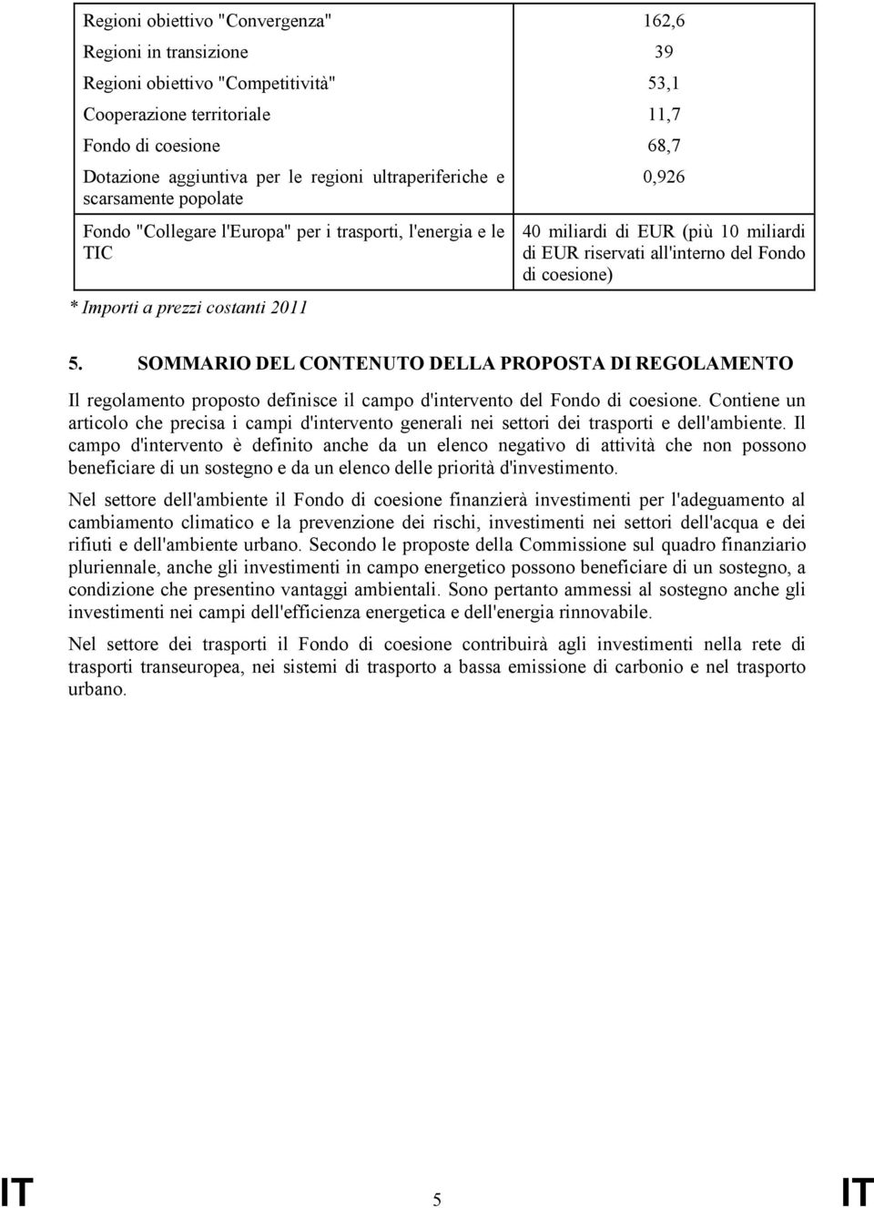 del Fondo di coesione) 5. SOMMARIO DEL CONTENUTO DELLA PROPOSTA DI REGOLAMENTO Il regolamento proposto definisce il campo d'intervento del Fondo di coesione.