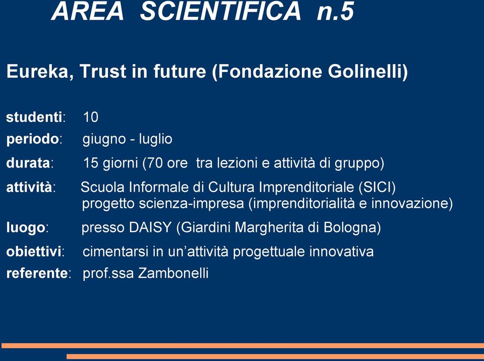 giugno - luglio 15 giorni (70 ore tra lezioni e attività di gruppo) Scuola Informale di Cultura