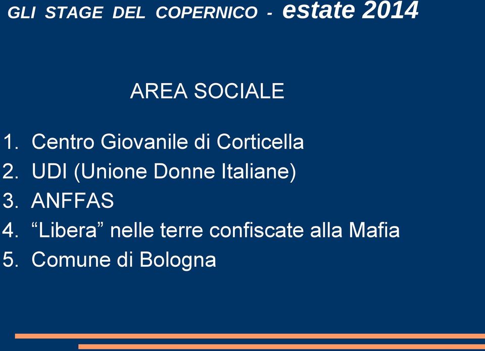 UDI (Unione Donne Italiane) 3. ANFFAS 4.