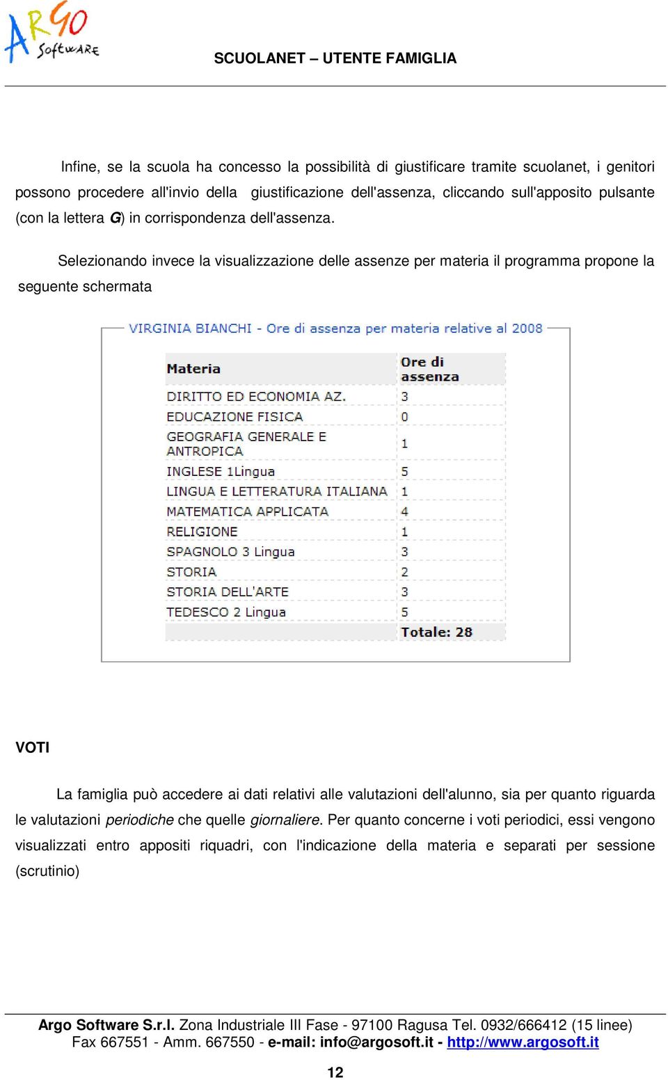 Selezionando invece la visualizzazione delle assenze per materia il programma propone la seguente schermata VOTI La famiglia può accedere ai dati relativi alle