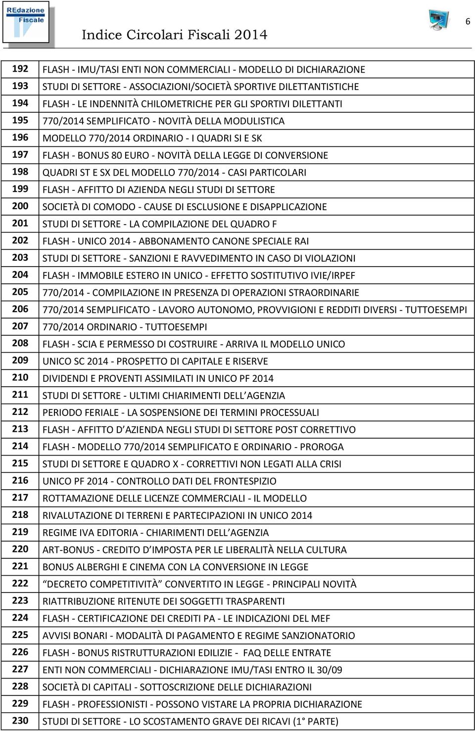 MODELLO 770/2014 - CASI PARTICOLARI 199 FLASH - AFFITTO DI AZIENDA NEGLI STUDI DI SETTORE 200 SOCIETÀ DI COMODO - CAUSE DI ESCLUSIONE E DISAPPLICAZIONE 201 STUDI DI SETTORE - LA COMPILAZIONE DEL