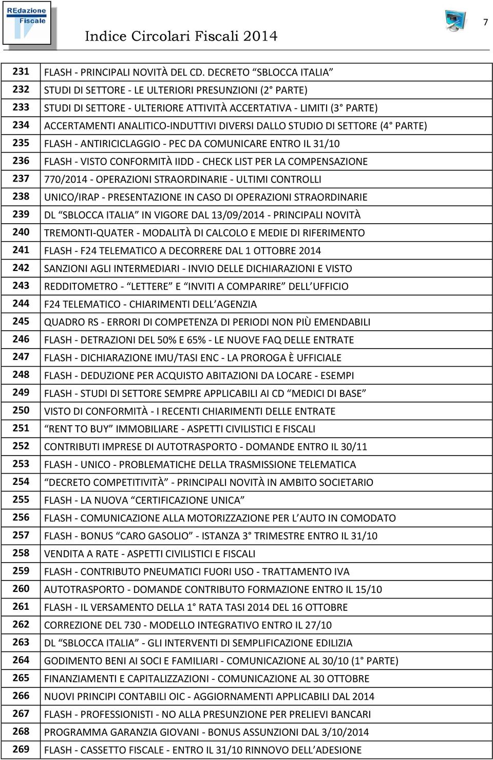 DALLO STUDIO DI SETTORE (4 PARTE) 235 FLASH - ANTIRICICLAGGIO - PEC DA COMUNICARE ENTRO IL 31/10 236 FLASH - VISTO CONFORMITÀ IIDD - CHECK LIST PER LA COMPENSAZIONE 237 770/2014 - OPERAZIONI