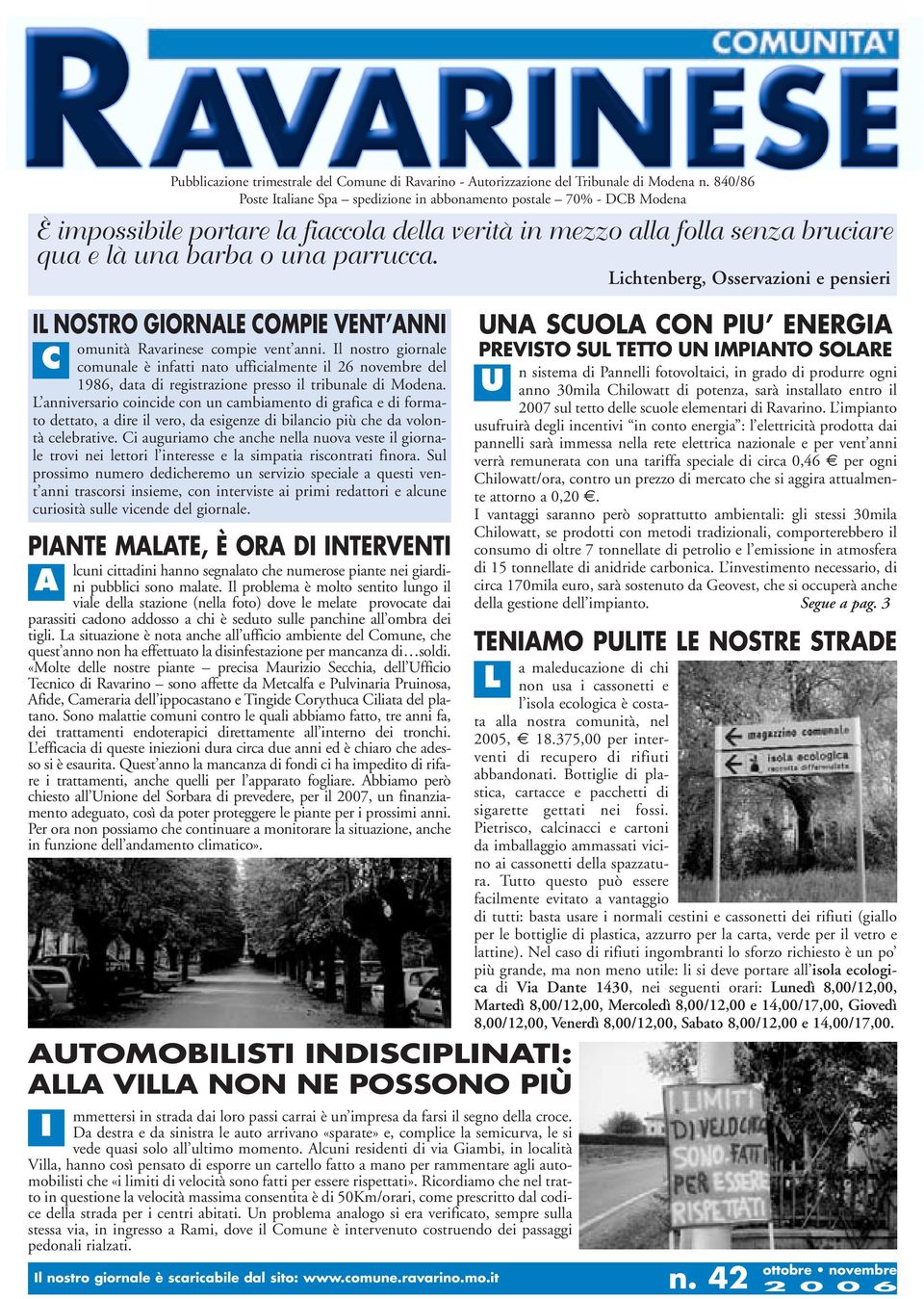 Lichtenberg, Osservazioni e pensieri IL NOSTRO GIORNALE COMPIE VENT ANNI C omunità Ravarinese compie vent anni.