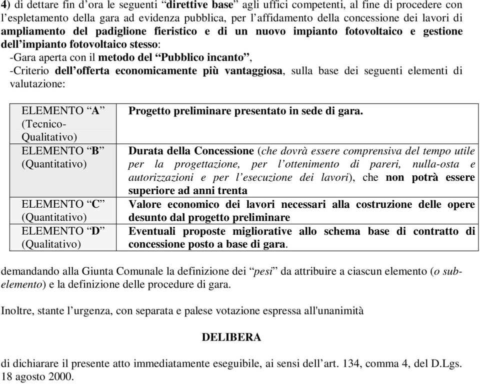 economicamente più vantaggiosa, sulla base dei seguenti elementi di valutazione: ELEMENTO A (Tecnico- Qualitativo) ELEMENTO B ELEMENTO C ELEMENTO D (Qualitativo) Progetto preliminare presentato in