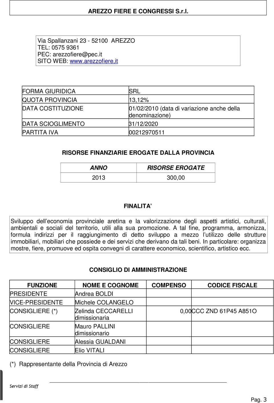 FINANZIARIE EROGATE DALLA PROVINCIA ANNO RISORSE EROGATE 2013 300,00 FINALITA Sviluppo dell economia provinciale aretina e la valorizzazione degli aspetti artistici, culturali, ambientali e sociali