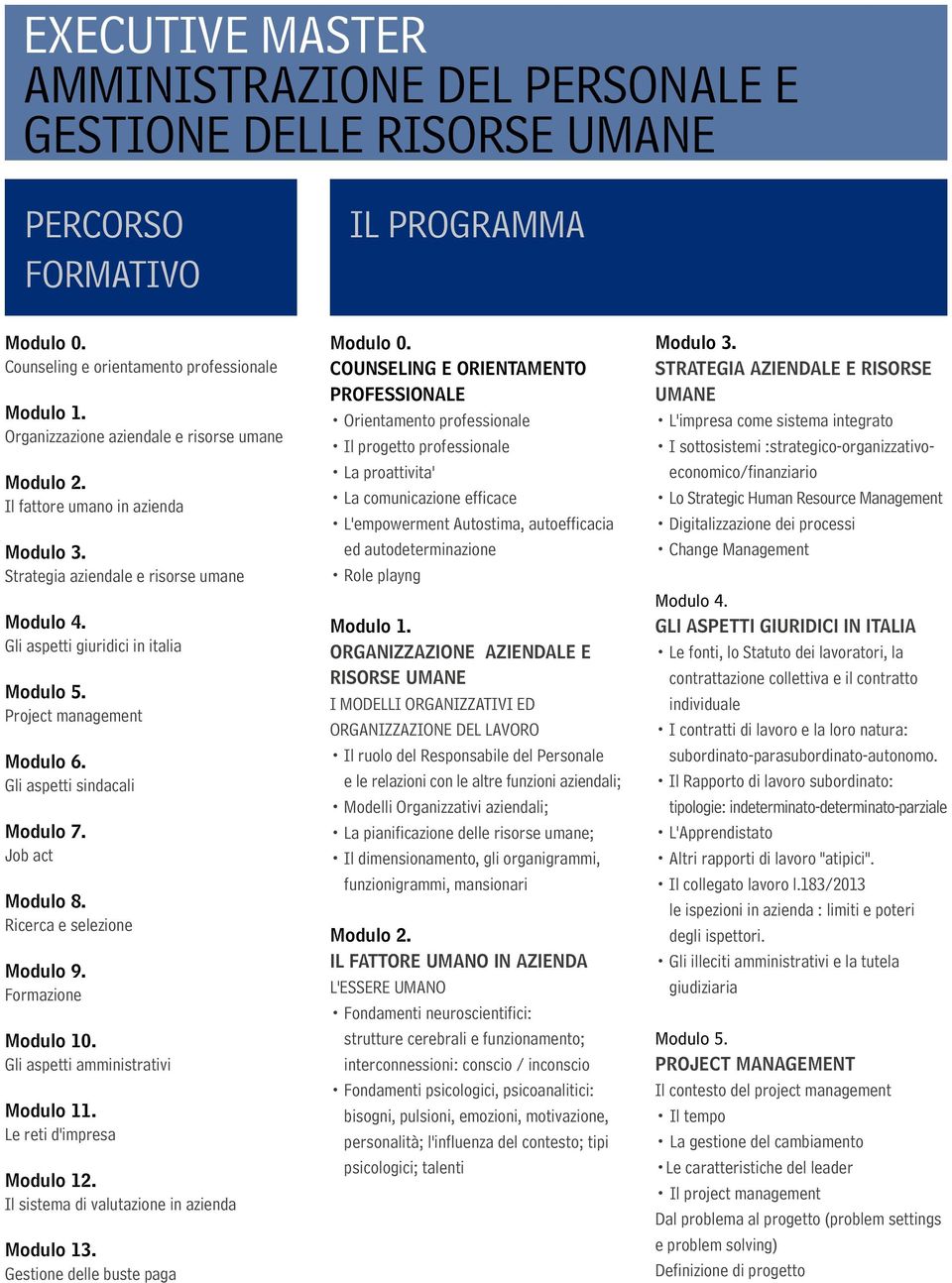 Formazione Modulo 10. Gli aspetti amministrativi Modulo 11. Le reti d'impresa Modulo 12. Il sistema di valutazione in azienda Modulo 13. Gestione delle buste paga Modulo 0.