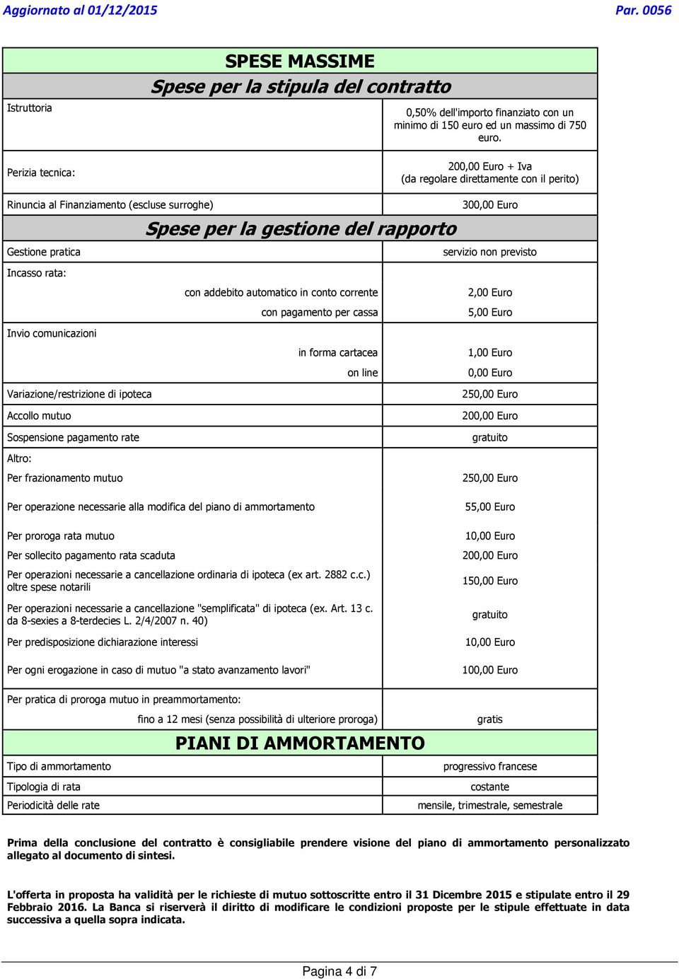 rata: con addebito automatico in conto corrente con pagamento per cassa 2,00 Euro 5,00 Euro Invio comunicazioni in forma cartacea on line 1,00 Euro 0,00 Euro Variazione/restrizione di ipoteca Accollo