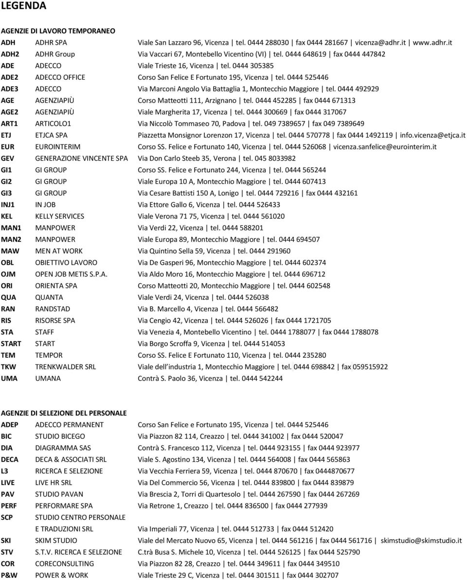 0444 525446 ADE3 ADECCO Via Marconi Angolo Via Battaglia 1, Montecchio Maggiore tel. 0444 492929 NZIAPIÙ Corso Matteotti 111, Arzignano tel.