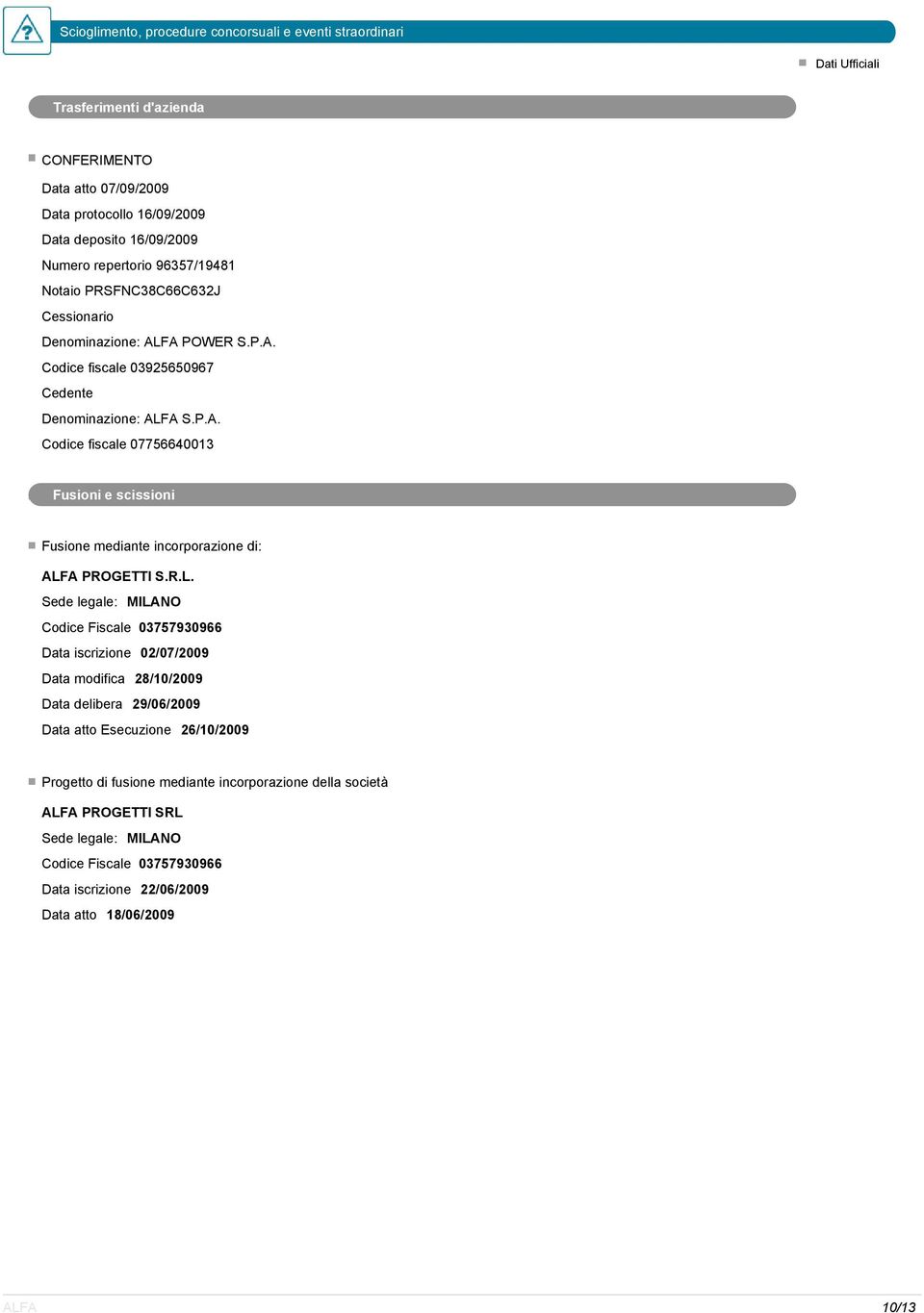 R.L. Sede legale: MILANO Codice Fiscale 03757930966 Data iscrizione 02/07/2009 Data modifica 28/10/2009 Data delibera 29/06/2009 Data atto Esecuzione 26/10/2009 Progetto di fusione mediante