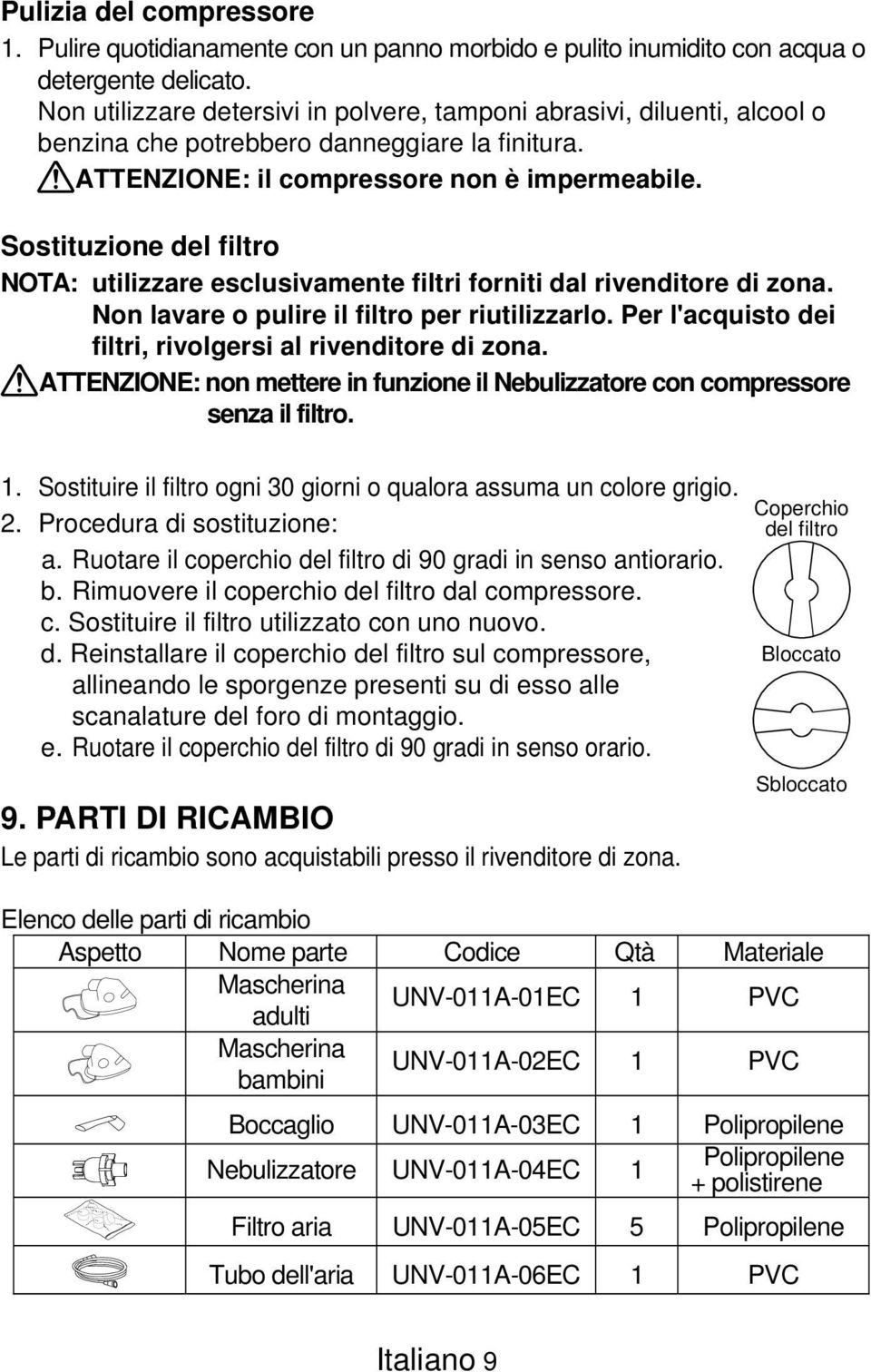 Sostituzione del filtro NOTA: utilizzare esclusivamente filtri forniti dal rivenditore di zona. Non lavare o pulire il filtro per riutilizzarlo.