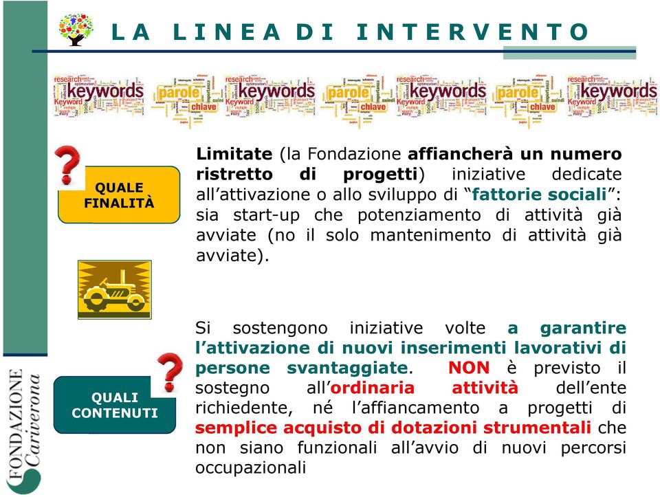 QUALI CONTENUTI Si sostengono iniziative volte a garantire l attivazione di nuovi inserimenti lavorativi di persone svantaggiate.