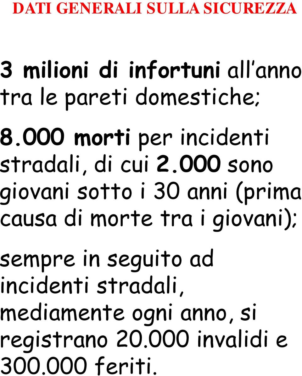 000 sono giovani sotto i 30 anni (prima causa di morte tra i giovani); sempre