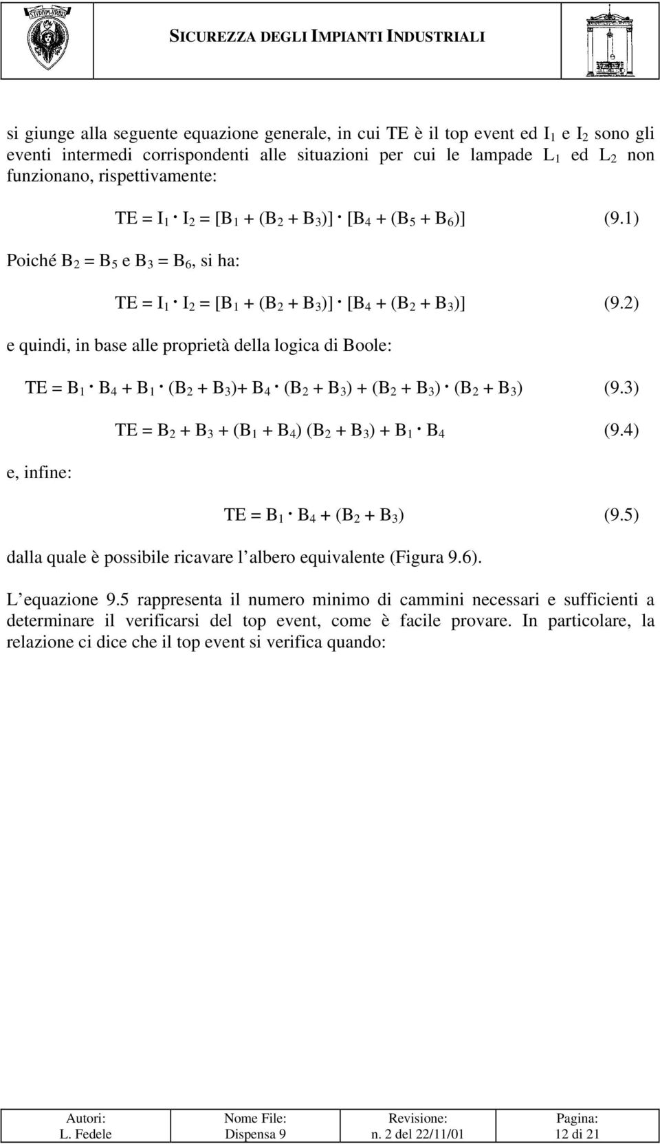 2) e quindi, in base alle proprietà della logica di Boole: TE = B 1 B 4 + B 1 (B 2 + B 3 )+ B 4 (B 2 + B 3 ) + (B 2 + B 3 ) (B 2 + B 3 ) (9.