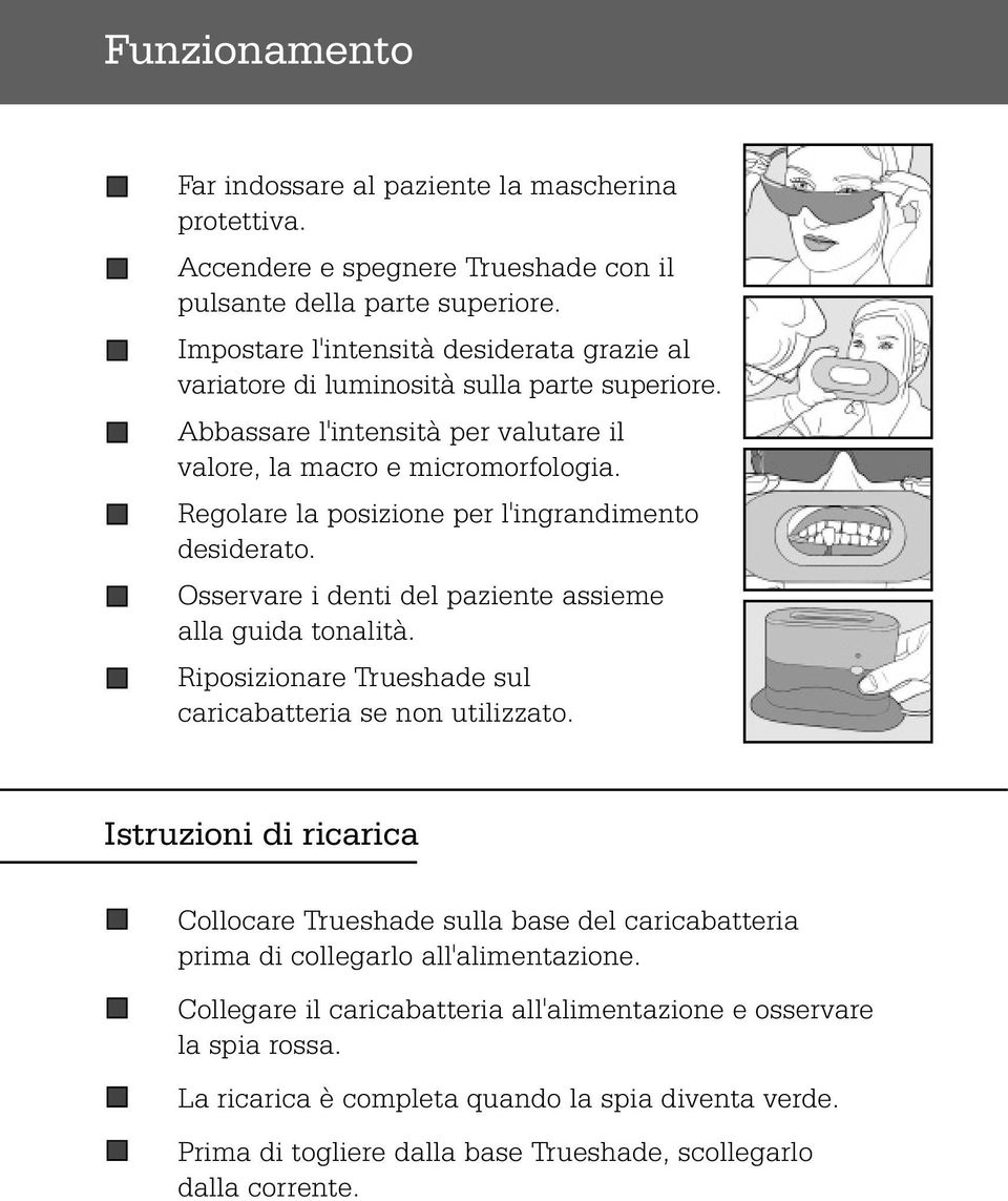 Regolare la posizione per l'ingrandimento desiderato. Osservare i denti del paziente assieme alla guida tonalità. Riposizionare Trueshade sul caricabatteria se non utilizzato.