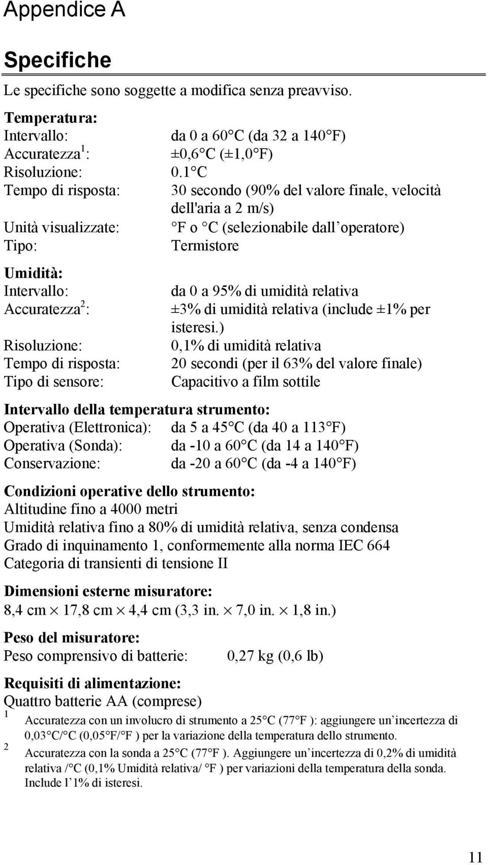 umidità relativa Accuratezza 2 : ±3% di umidità relativa (include ±1% per isteresi.