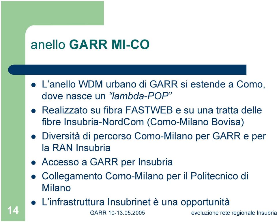 Diversità di percorso Como-Milano per GARR e per la RAN Insubria! Accesso a GARR per Insubria!