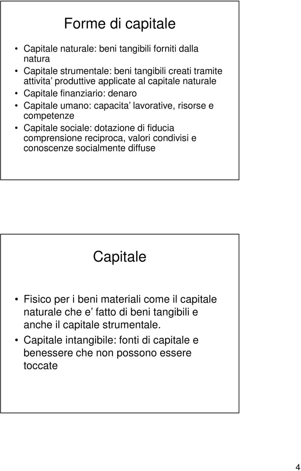 di fiducia comprensione reciproca, valori condivisi e conoscenze socialmente diffuse Capitale Fisico per i beni materiali come il capitale