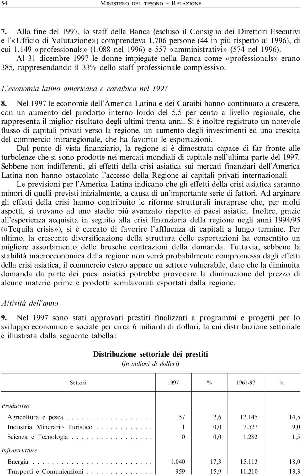 Al 31 dicembre 1997 le donne impiegate nella Banca come «professionals» erano 385, rappresendando il 33% dello staff professionale complessivo. L economia latino americana e caraibica nel 1997 8.