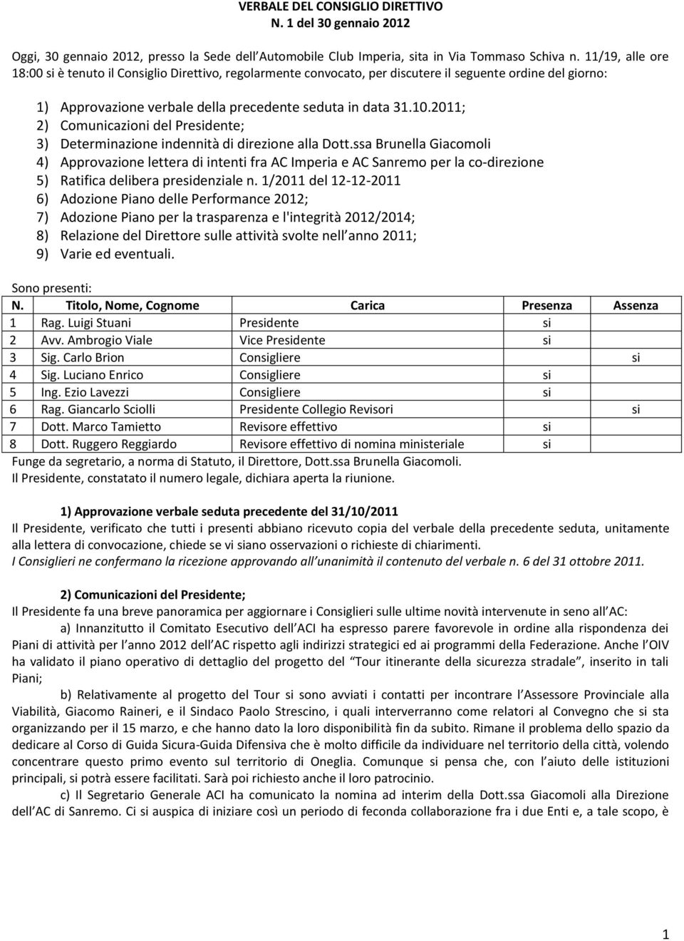 2011; 2) Comunicazioni del Presidente; 3) Determinazione indennità di direzione alla Dott.