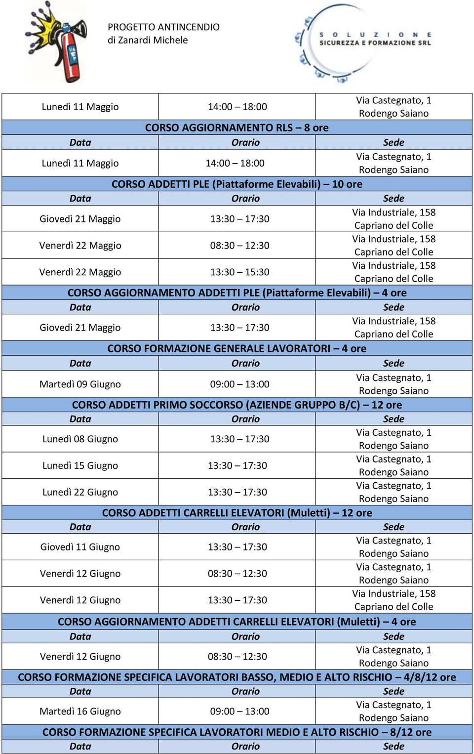 CORSO ADDETTI PRIMO SOCCORSO (AZIENDE GRUPPO B/C) 12 ore Lunedì 08 Giugno 13:30 17:30 Lunedì 15 Giugno 13:30 17:30 Lunedì 22 Giugno 13:30 17:30 CORSO ADDETTI CARRELLI ELEVATORI (Muletti) 12 ore