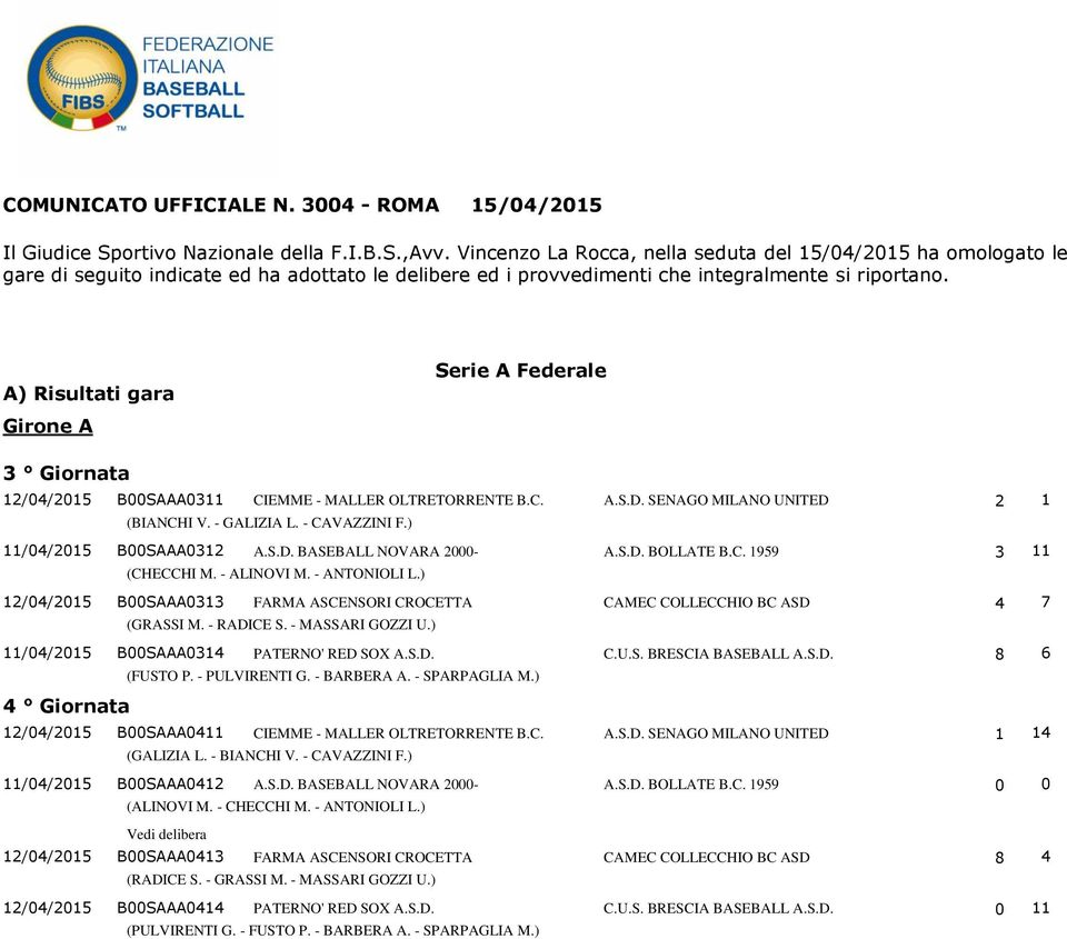 A) Risultati gara Girone A Serie A Federale 12/04/2015 B00SAAA0311 CIEMME - MALLER OLTRETORRENTE B.C. A.S.D. SENAGO MILANO UNITED 2 1 (BIANCHI V. - GALIZIA L. - CAVAZZINI F.) 11/04/2015 B00SAAA0312 A.