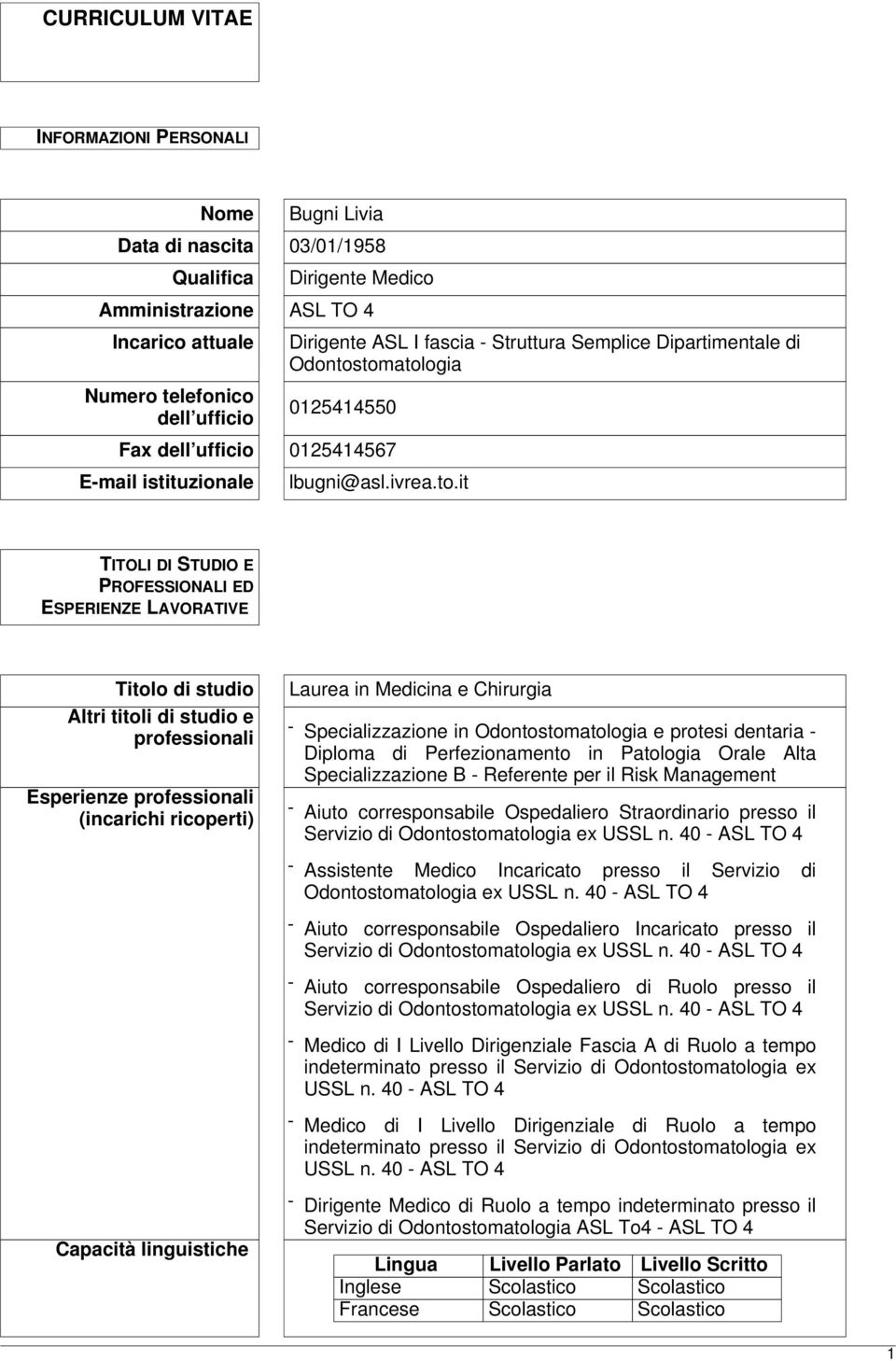 tomatologia 0125414550 Fax dell ufficio 0125414567 E-mail istituzionale lbugni@asl.ivrea.to.it TITOLI DI STUDIO E PROFESSIONALI ED ESPERIENZE LAVORATIVE Titolo di studio Altri titoli di studio e