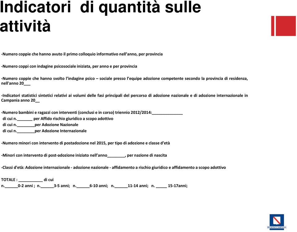 fasi principali del percorso di adozione nazionale e di adozione internazionale in Campania anno 20 Numero bambini e ragazzi con interventi (conclusi e in corso) triennio 2012/2014: di cui n.