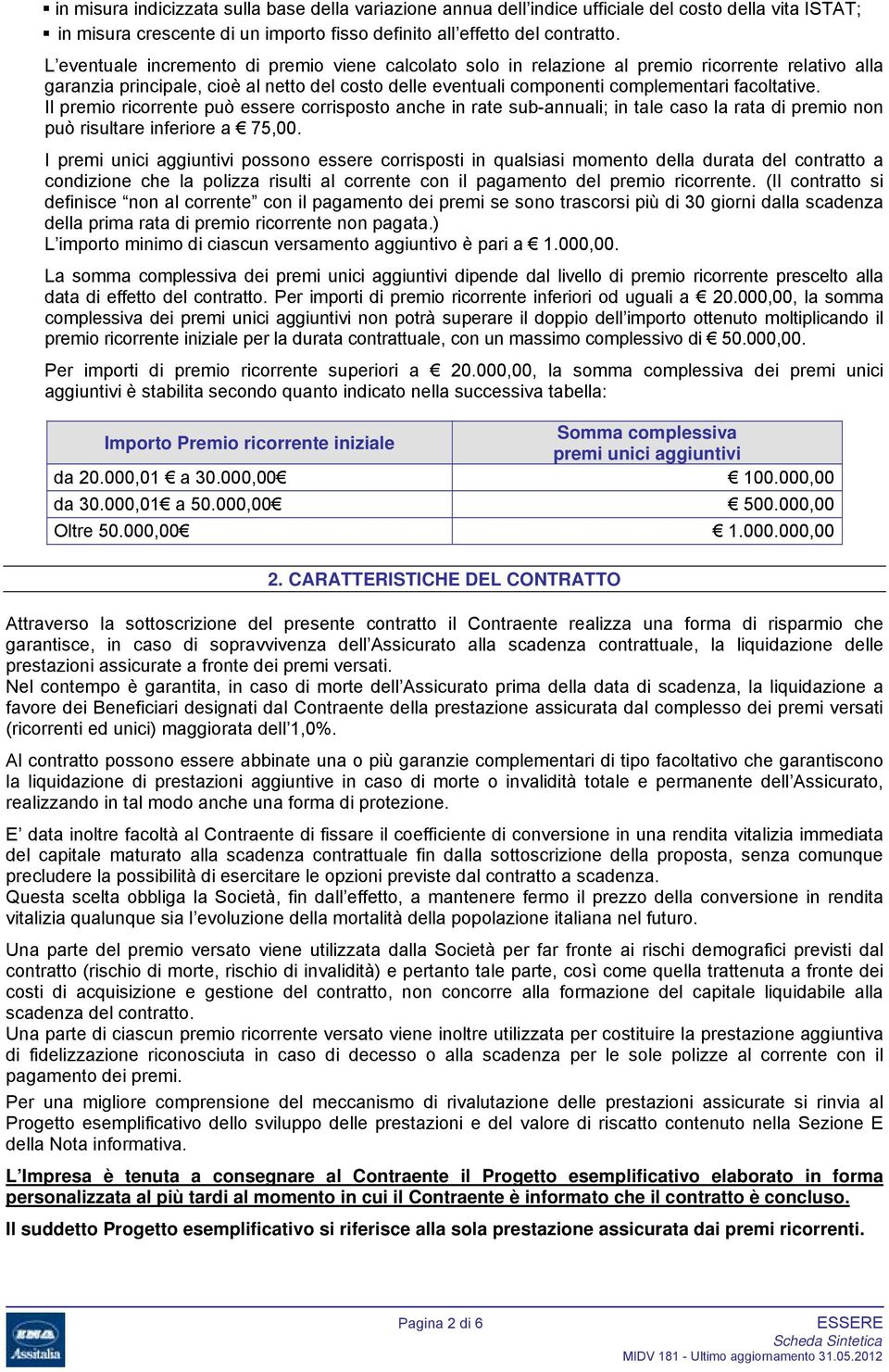 Il premio ricorrente può essere corrisposto anche in rate sub-annuali; in tale caso la rata di premio non può risultare inferiore a 75,00.