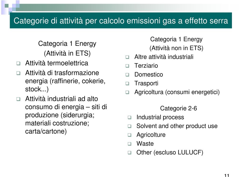 ..) Attività industriali ad alto consumo di energia siti di produzione (siderurgia; materiali costruzione; carta/cartone) Categoria 1