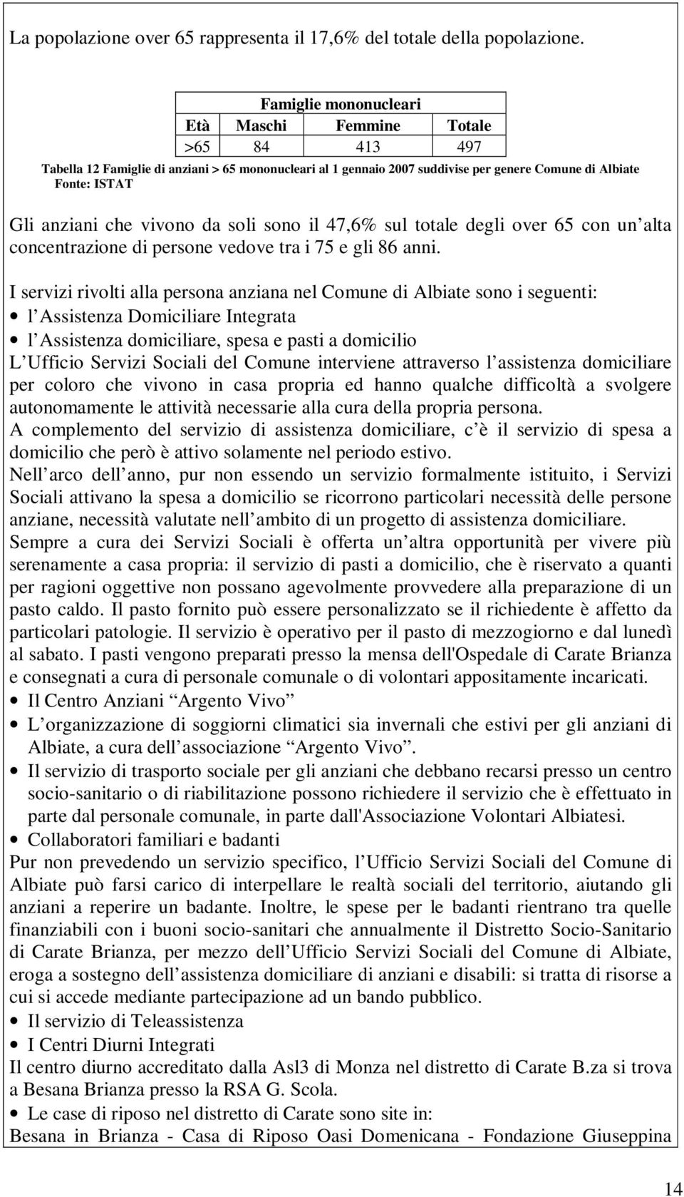 vivono da soli sono il 47,6% sul totale degli over 65 con un alta concentrazione di persone vedove tra i 75 e gli 86 anni.