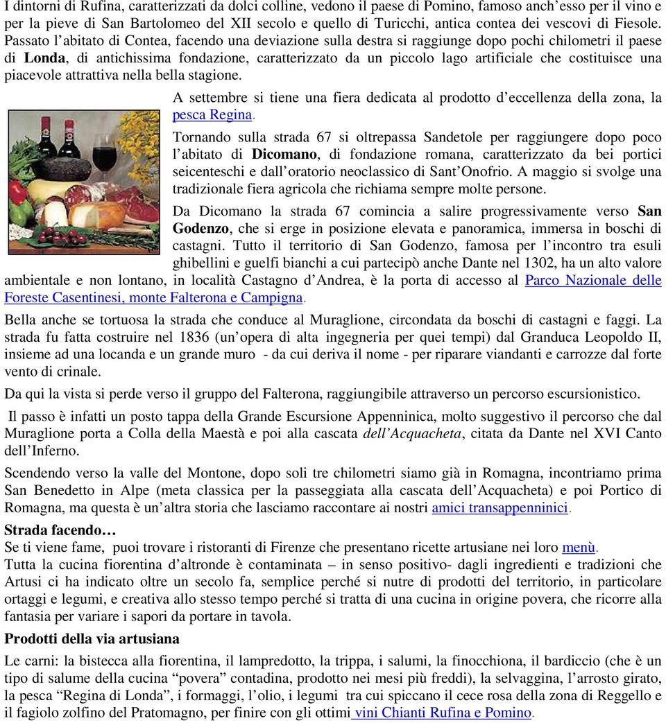 Passato l abitato di Contea, facendo una deviazione sulla destra si raggiunge dopo pochi chilometri il paese di Londa, di antichissima fondazione, caratterizzato da un piccolo lago artificiale che