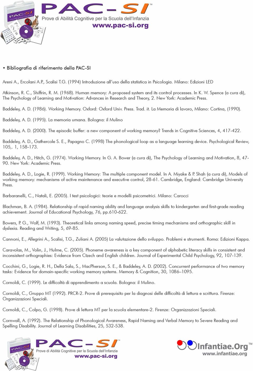 Baddeley, A. D. (1986). Working Memory. Oxford: Oxford Univ. Press. Trad. it. La Memoria di lavoro, Milano: Cortina, (1990). Baddeley, A. D. (1995). La memoria umana. Bologna: il Mulino Baddeley, A.
