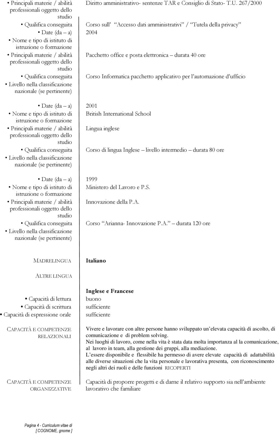 elettronica durata 40 ore Qualifica conseguita Corso Informatica pacchetto applicativo per l automazione d ufficio Date (da a) 2001 Nome e tipo di istituto di British International School Principali