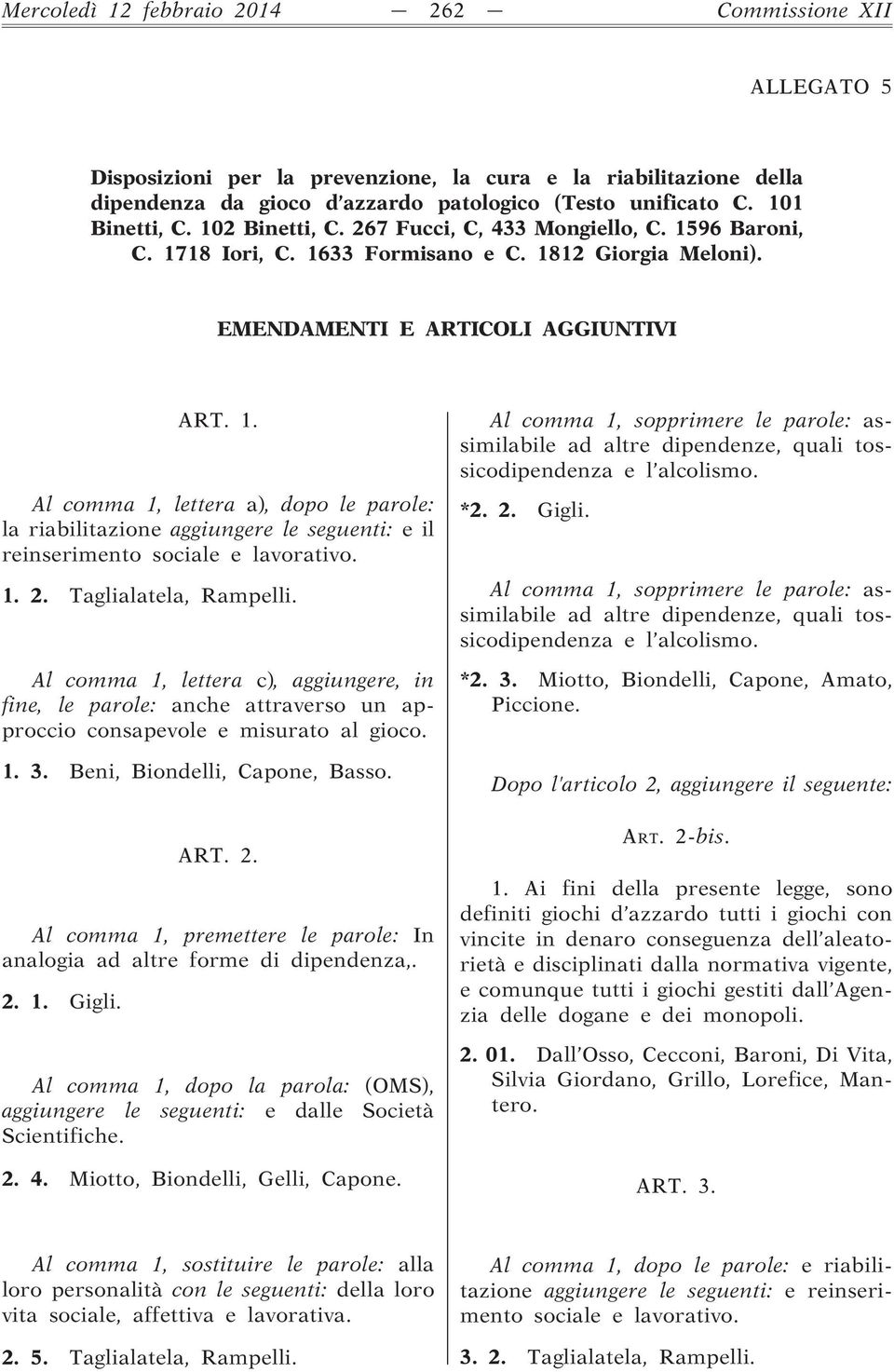 1. 2. Taglialatela, Rampelli. Al comma 1, lettera c), aggiungere, in fine, le parole: anche attraverso un approccio consapevole e misurato al gioco. 1. 3. Beni, Biondelli, Capone, Basso. ART. 2. Al comma 1, premettere le parole: In analogia ad altre forme di dipendenza,.