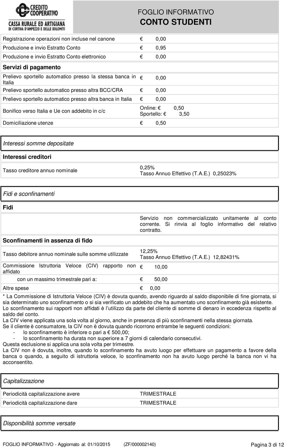 in c/c Online: 0,50 Sportello: 3,50 Domiciliazione utenze 0,50 Interessi somme depositate Interessi creditori Tasso creditore annuo nominale 0,25% Tasso Annuo Ef